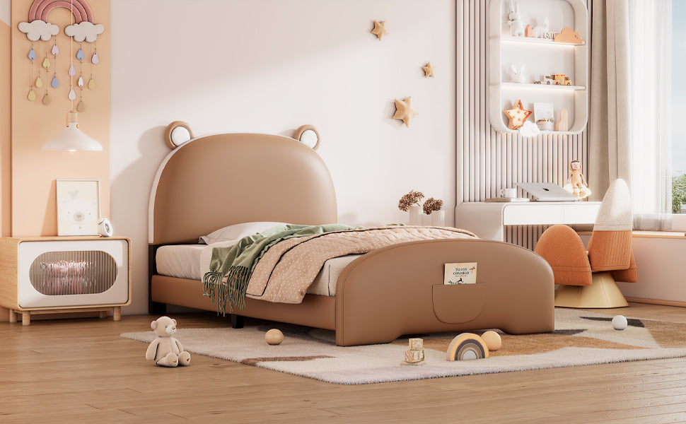 Twin Size Upholstered Platform Bed with Bear-shaped Headboard and Footboard,Brown+White