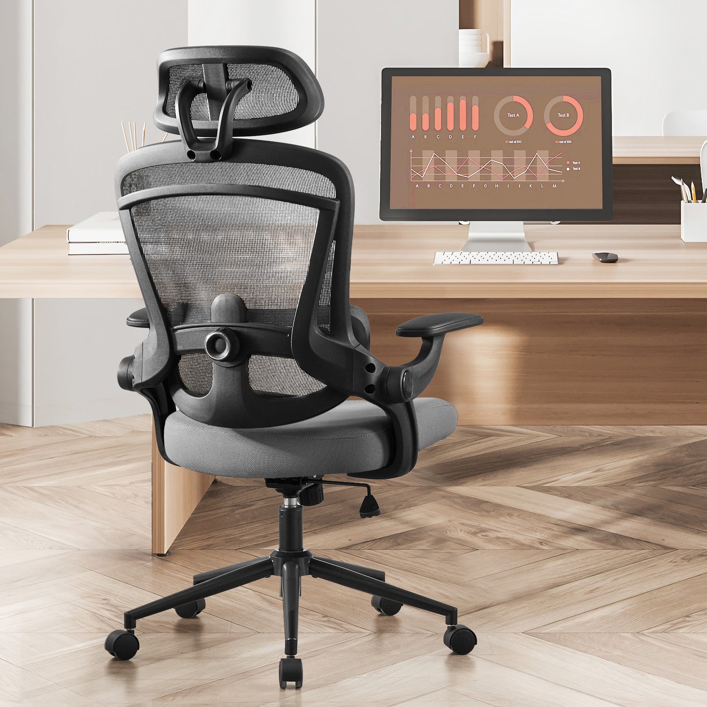 High Back Desk Chair with Adjustable Lumbar Support & Headrest,Comfortable Mesh Computer Chair with Soft Flip Up Arms, Adjustable Height and 120°Tilt,gray