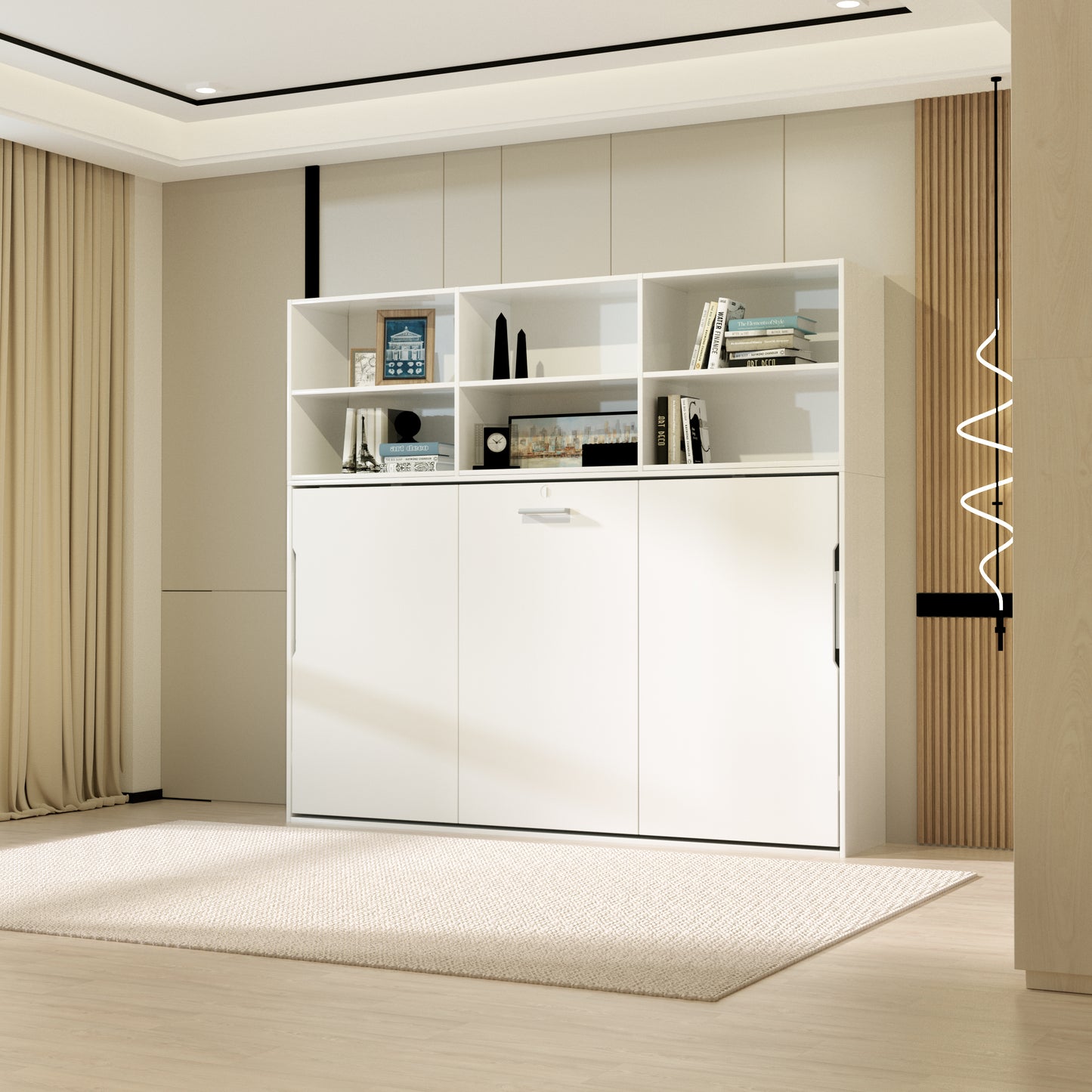 Twin Size Horizontal Murphy Bed with Shelf Storage for Bedroom or Guestroom White Wall Bed Space Saving Hidden Bed, updated gas strut design