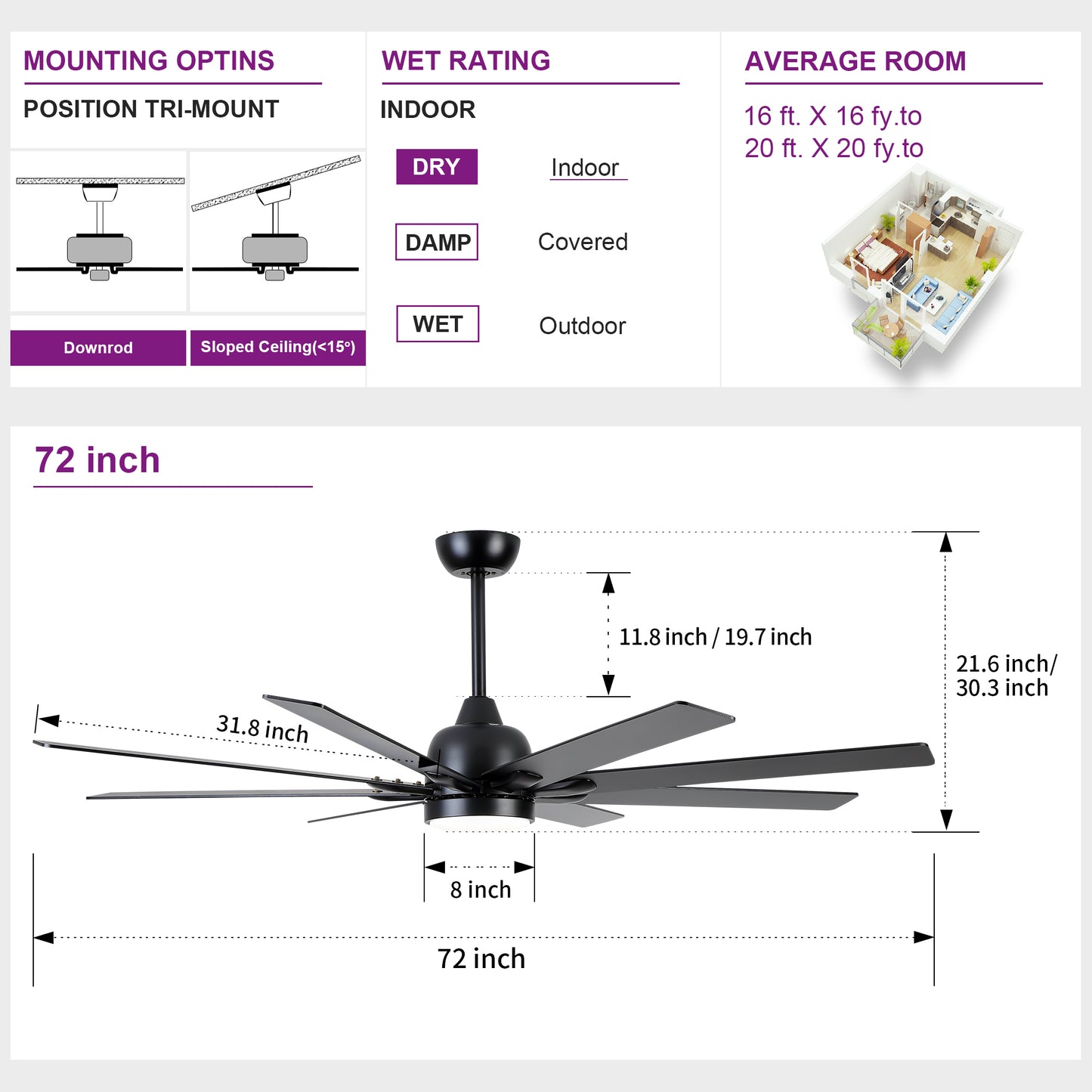 72 In Modern Integrated LED Lighting with Remote Control