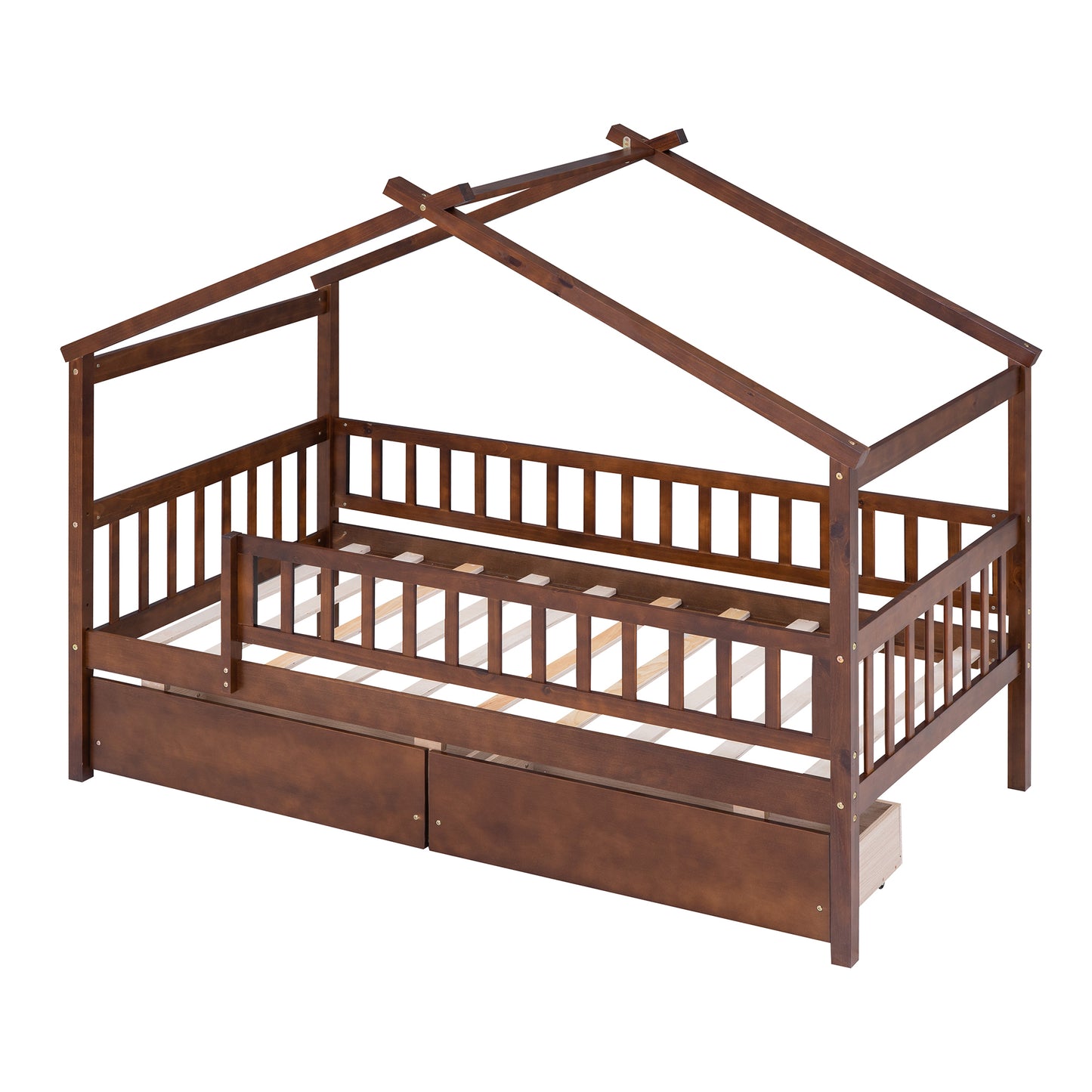 Twin Size Wooden House Bed with Two Drawers, Walnut