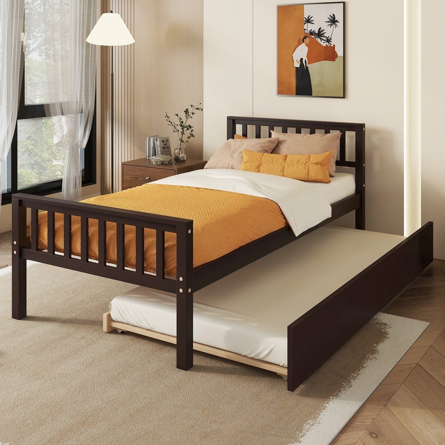 Twin Bed with Trundle, Platform Bed Frame with Headboard and Footboard, for Bedroom Small Living Space,No Box Spring Needed,Espresso(Old SKU:W50440557)