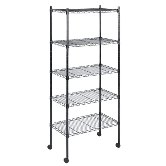 Heavy Duty 5-Tier Shelving Units Adjustable, Wire Shelf with 1000 lbs Capacity (250 per Shelf), 30 "D x 14" W x 65 "H, Black, 5 Levels, Storage Shelf with Wheels & Leveling Feet