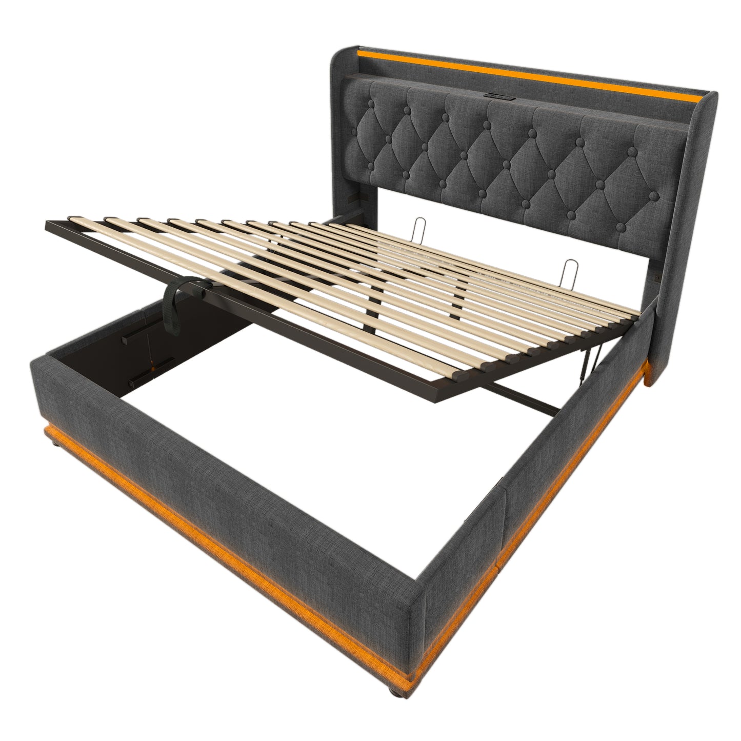 Full size Upholstered bed, 360 surround LED function, Buttons/Apps/Remote Control, hydraulic storage bed with USB Type-C charging, Gray,Linen (Without mattress)