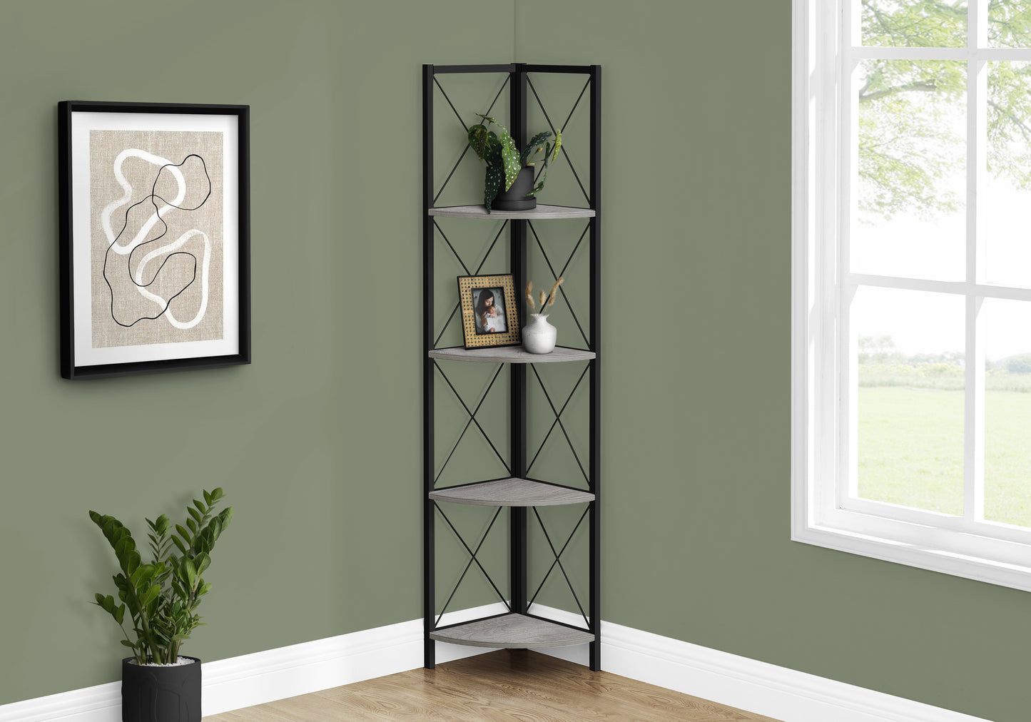 Bookshelf, Bookcase, Etagere, Corner, 4 Tier, 60"h, Office, Bedroom, Grey Laminate, Black Metal, Contemporary, Modern