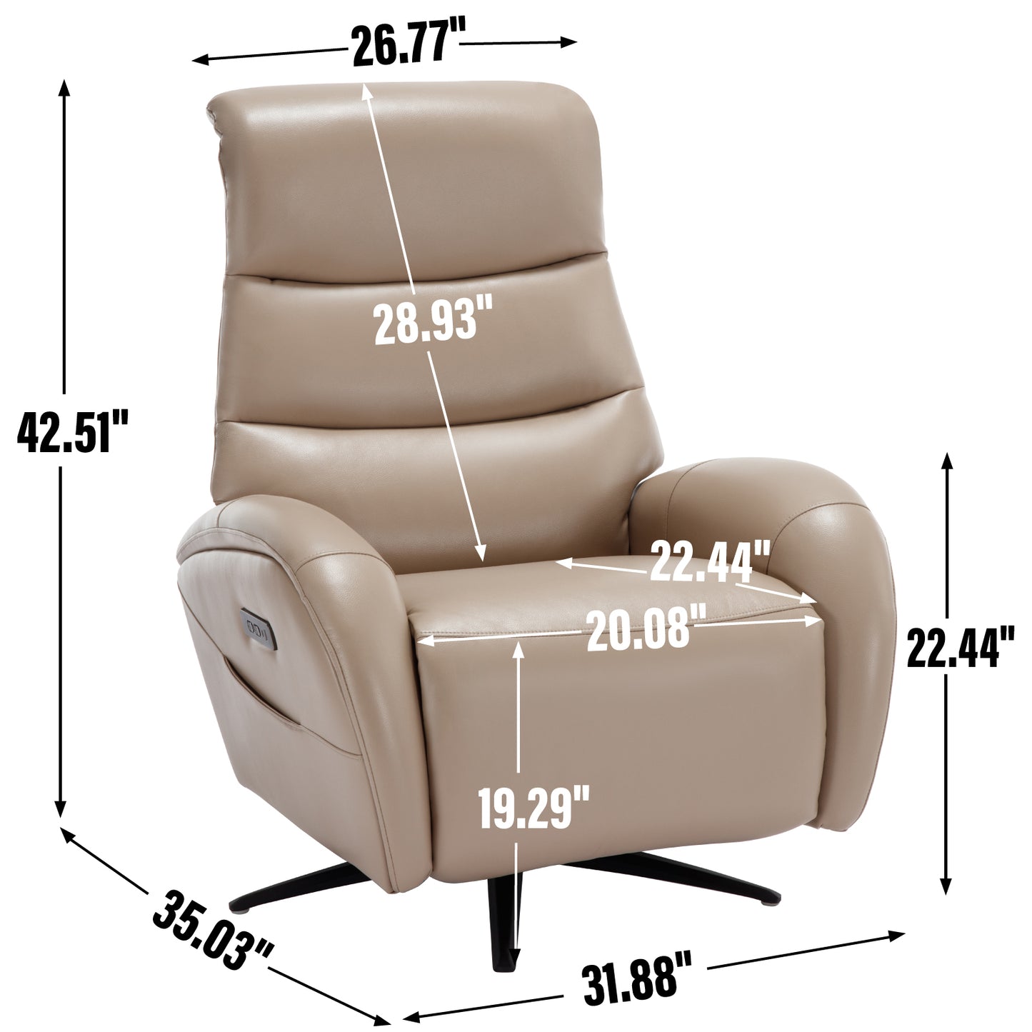 Khaki Leatheraire Dual Motor 270° Swivel Power Recliner Chair With Heavy Duty Motion Mechanism, USB and Type-C Charging Ports