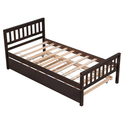 Twin Bed with Trundle, Platform Bed Frame with Headboard and Footboard, for Bedroom Small Living Space,No Box Spring Needed,Espresso(Old SKU:W50440557)