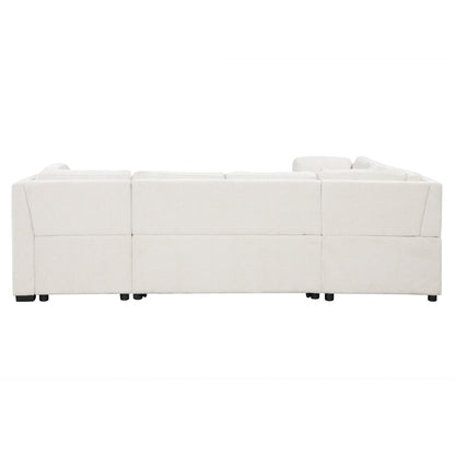 108.6" U-shaped Sectional Sofa Pull out Sofa Bed with Two USB Ports, Two Power Sockets, Three Back Pillows and a Storage Chaise for Living Room, Beige