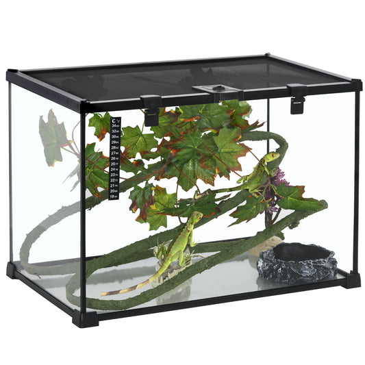 PawHut 14 Gallon Reptile Glass Terrarium Tank with Decor Kit, Breeding Box Full View with Visually Appealing Sliding Screen Top for Lizards, Frogs, Snakes, Spiders, 20" x 12" x 14", Black