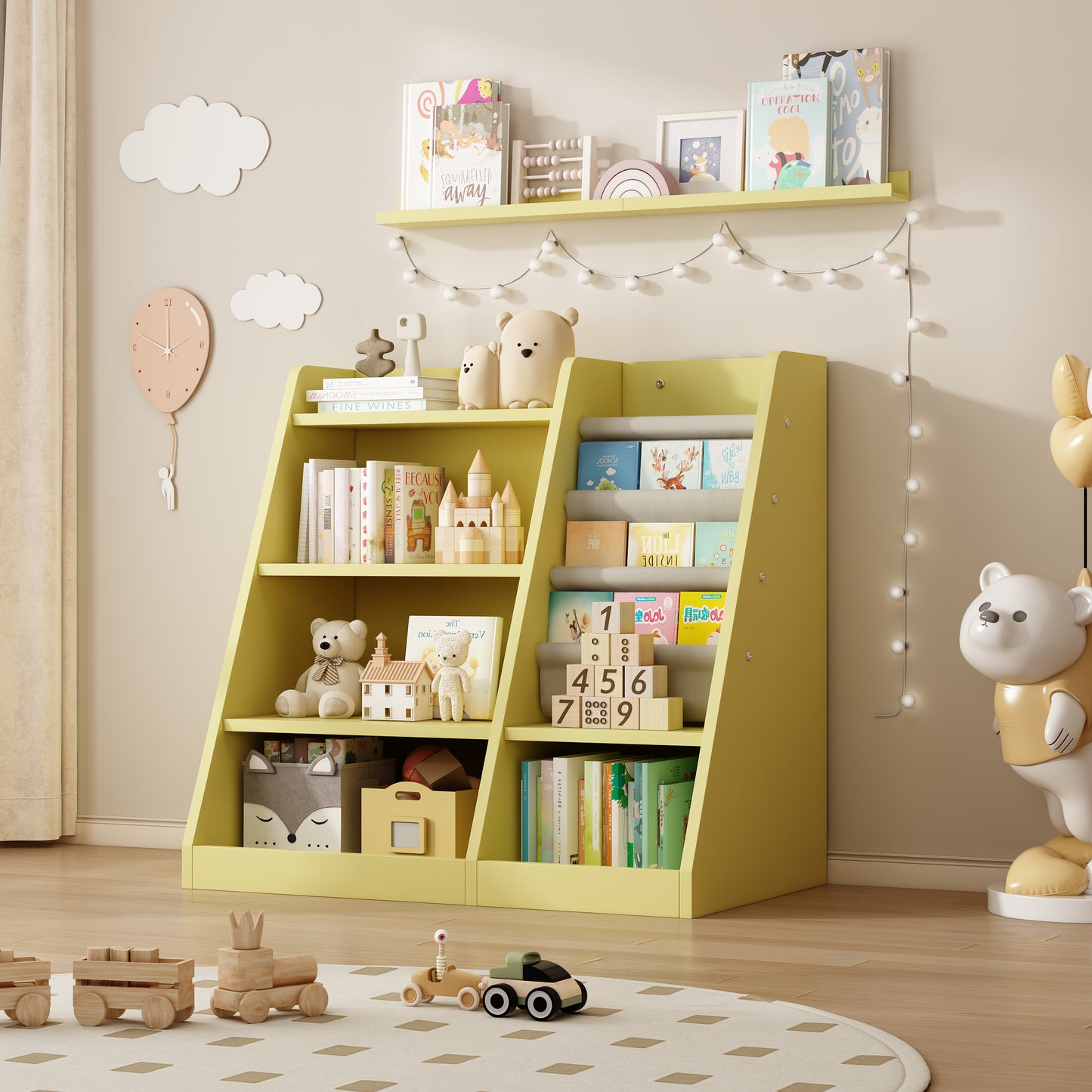 Yellow Wooden Toy Storage Organizer Cabinet Kids Bookshelf  Children Bookcase Toddler Baby Sling Book Rack Adjustable Shelf for Playroom Bedroom Nursery Hallway School Kindergarten Living Roomy