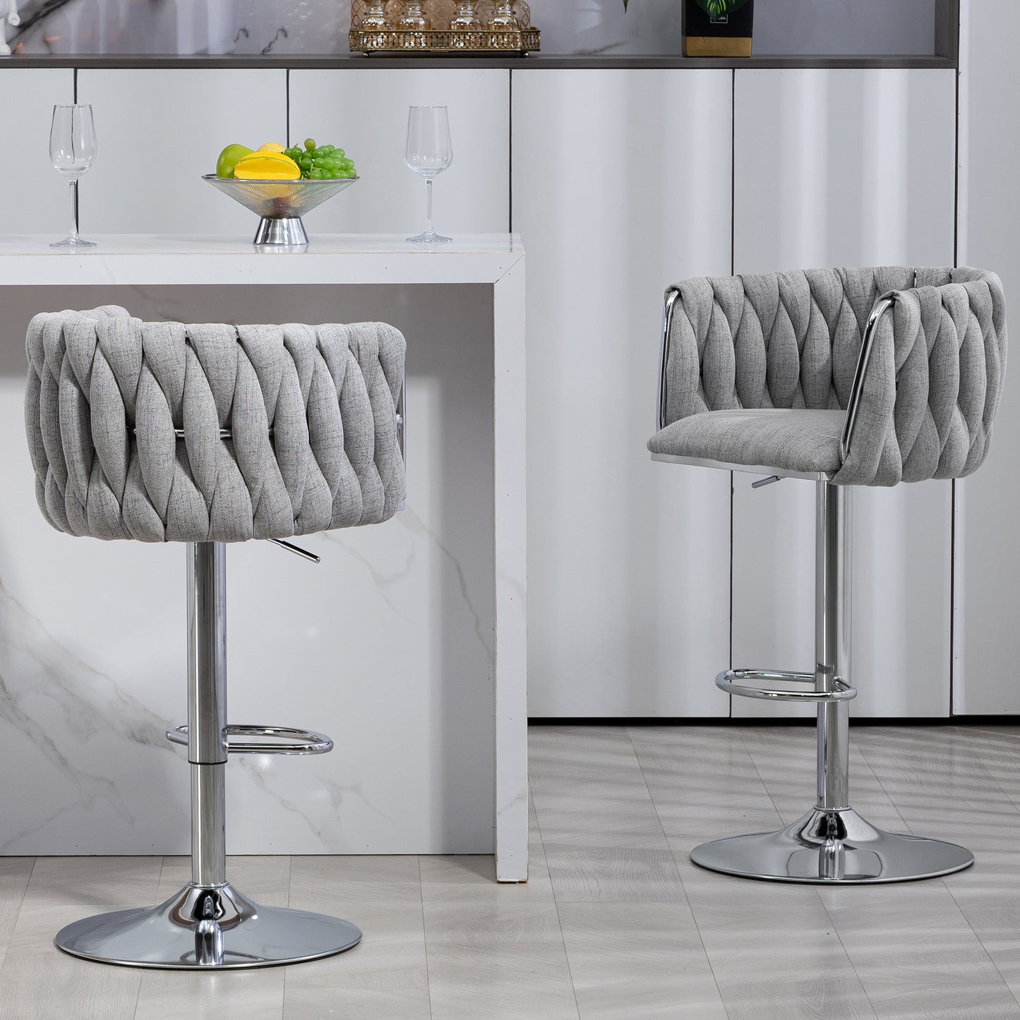 360° Fabric cover Swivel Bar Stools Set of 2, Adjustable Counter Height Bar Chairs with Woven Back & Footrest,Silver chromed  Bar Stools for Kitchen Island, Cafe, Pub (Gray)