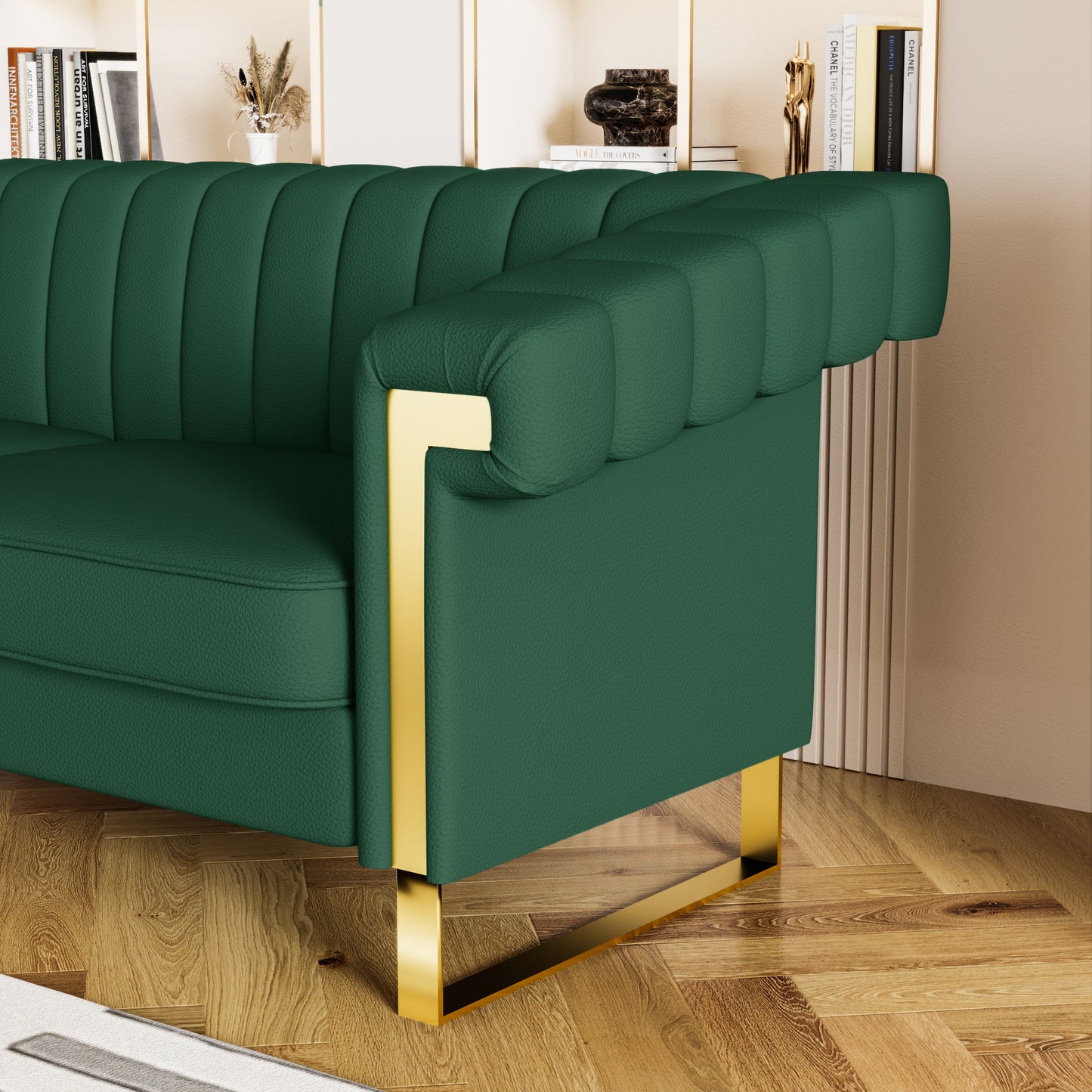 FX-P81PU-GR SOFA  Modern Green PU  Sofa with Gold Accents - Sleek Channel-Tufted Upholstery, 3-Seat Couch for Living Room and Office Decor(TEMU Suitable)