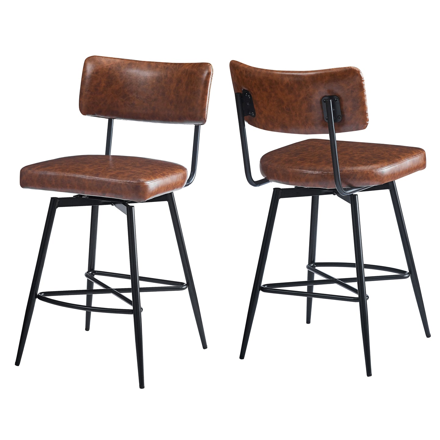 26''Retro Swivel Counter Stools Set of 2,Brown Counter Stools with iron Frame,PU Sponge cushion,Footrest,suitable for Kitchen/Bedroom/Dining Room.