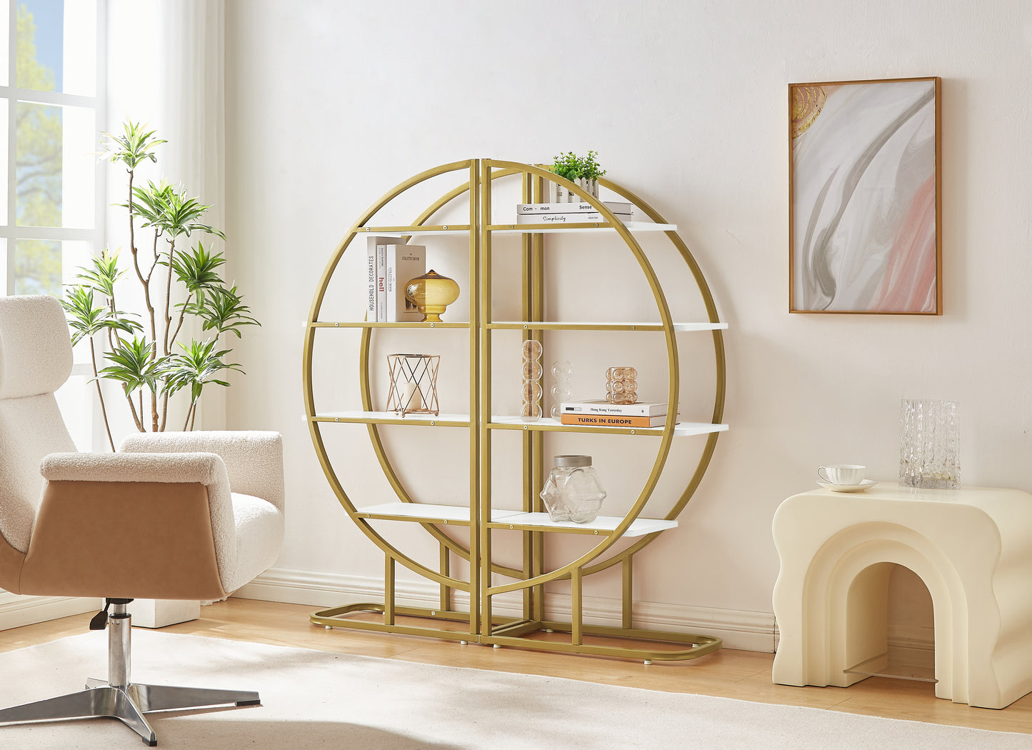 4 Tiers Home Office Open Bookshelf, Round Shape, Different Placement Ways, MDF Board, Gold Metal Frame, White