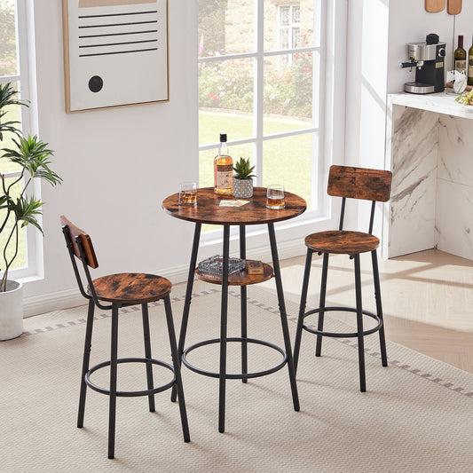 Round bar stool set with shelves, stool with backrest Rustic Brown, 23.6'' Dia x 35.4'' H