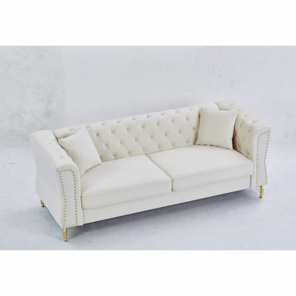 3-seater Combination Sofa Tufted Couch with Rolled Arms and Nailhead for Living Room, Bedroom, Office, Apartment, four pillows