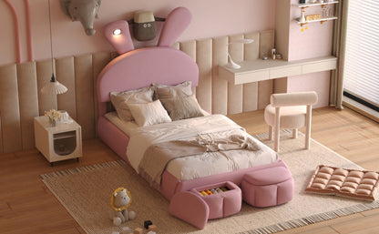 Twin Size Upholstered Platform Bed with Cartoon Ears Shaped Headboard and Light, Pink