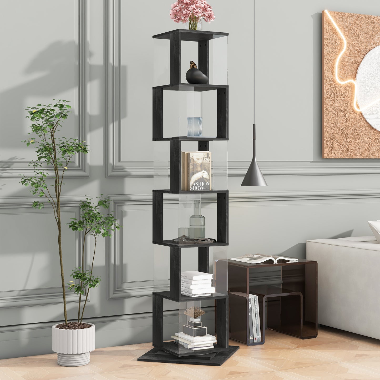 6 tier Rotating Bookshelf, Floor Rack Simple Bookcase  with Acrylic plate Student Multi-Function Creative Bookshelf for Living Room with anti-toppling base