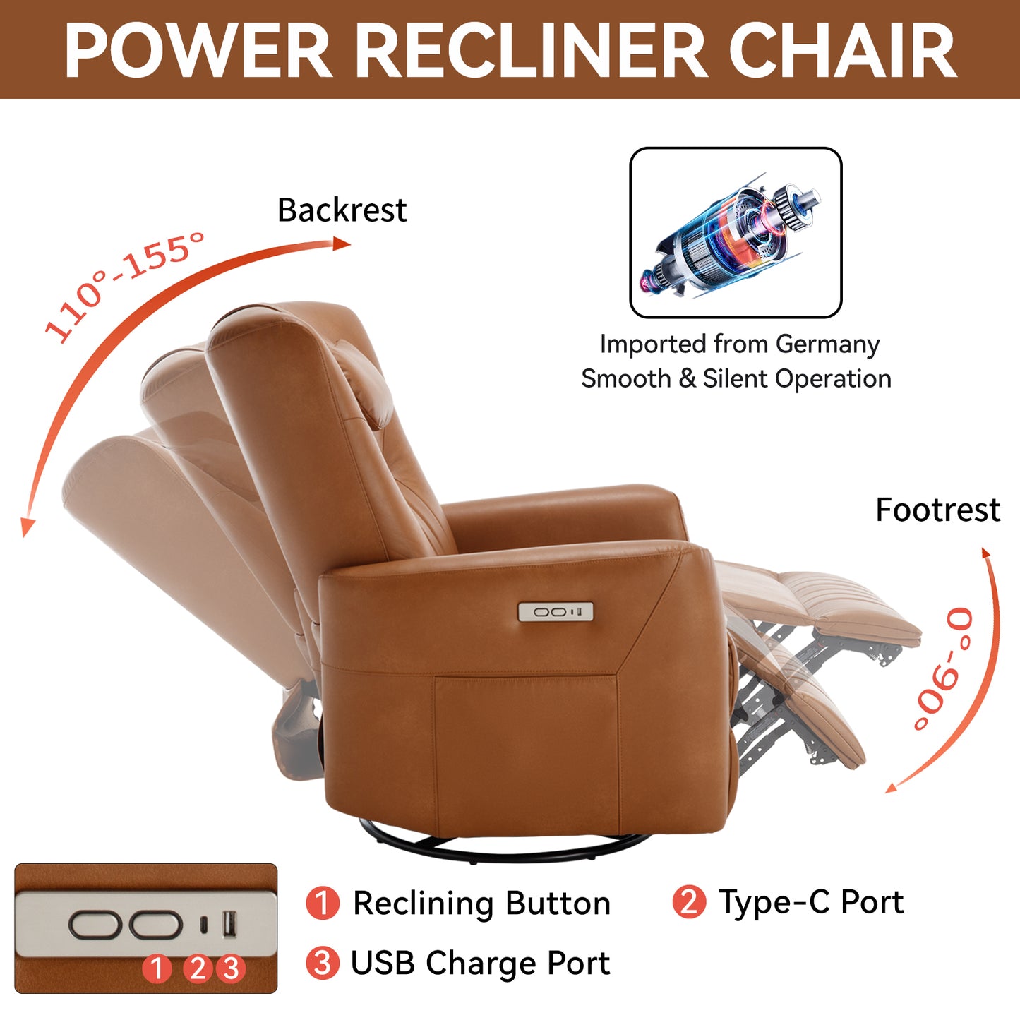 Yellow Brown Leatheraire Swivel and Rocker Power Recliner Chair with Lumbar and Neck Support Pillow, Heavy Duty Motion Mechanism with USB and Type-C