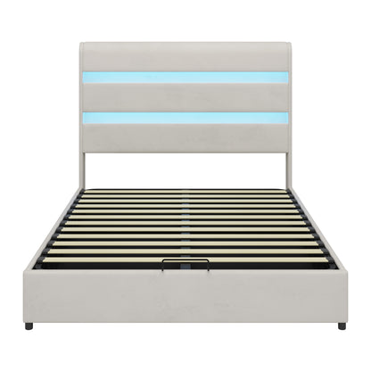 Upholstered Platform Full Size Hydraulic Storage Bed, Lift Up Storage Bed with RGB LED Light Headboard, No Box Spring Needed,Velvet,Beige