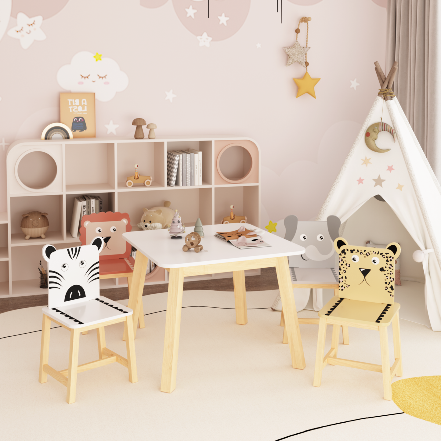 5 Piece Kiddy Table and Chair Set , Kids Wood Table with 4 Chairs Set Cartoon Animals (bigger table) (3-8 years old)