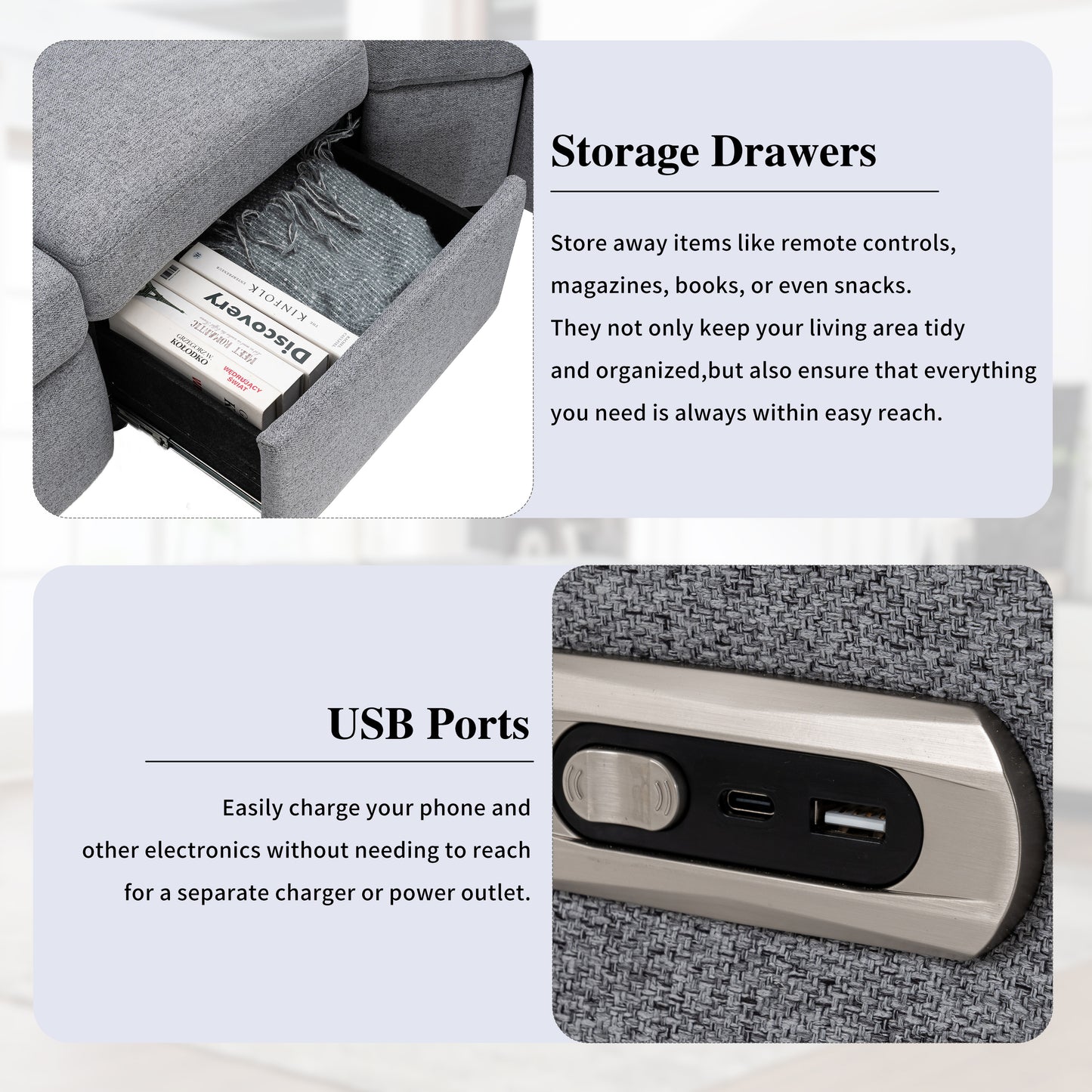 89" Power Recliner Sectional Sofa Home Theater Reclining Sofa with Two USB Ports, Two Storage Drawers for Living Room, Gray