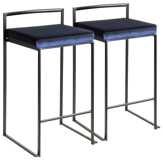 Fuji Contemporary Stackable Counter Stool in Black with Blue Velvet Cushion by LumiSource - Set of 2