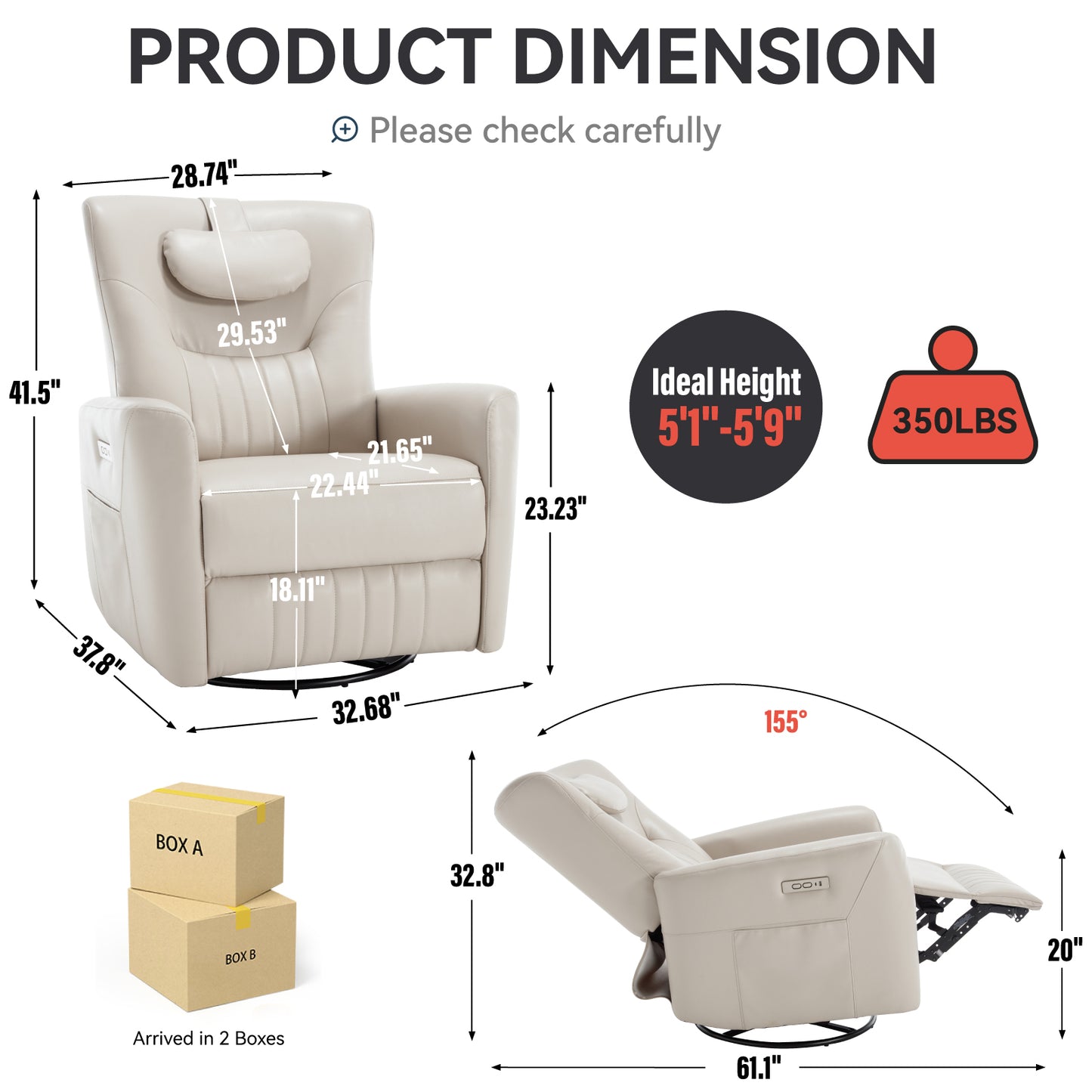 Beige Grey Leatheraire Swivel and Rocker Power Recliner Chair with Lumbar and Neck Support Pillow, Heavy Duty Motion Mechanism with USB and Type-C Ports