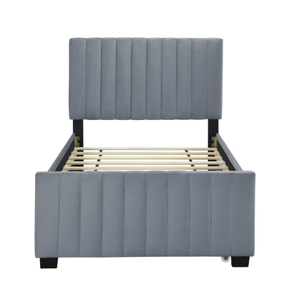 Twin Size Velvet Upholstered Platform Bed with Twin Size Trundle, Gray