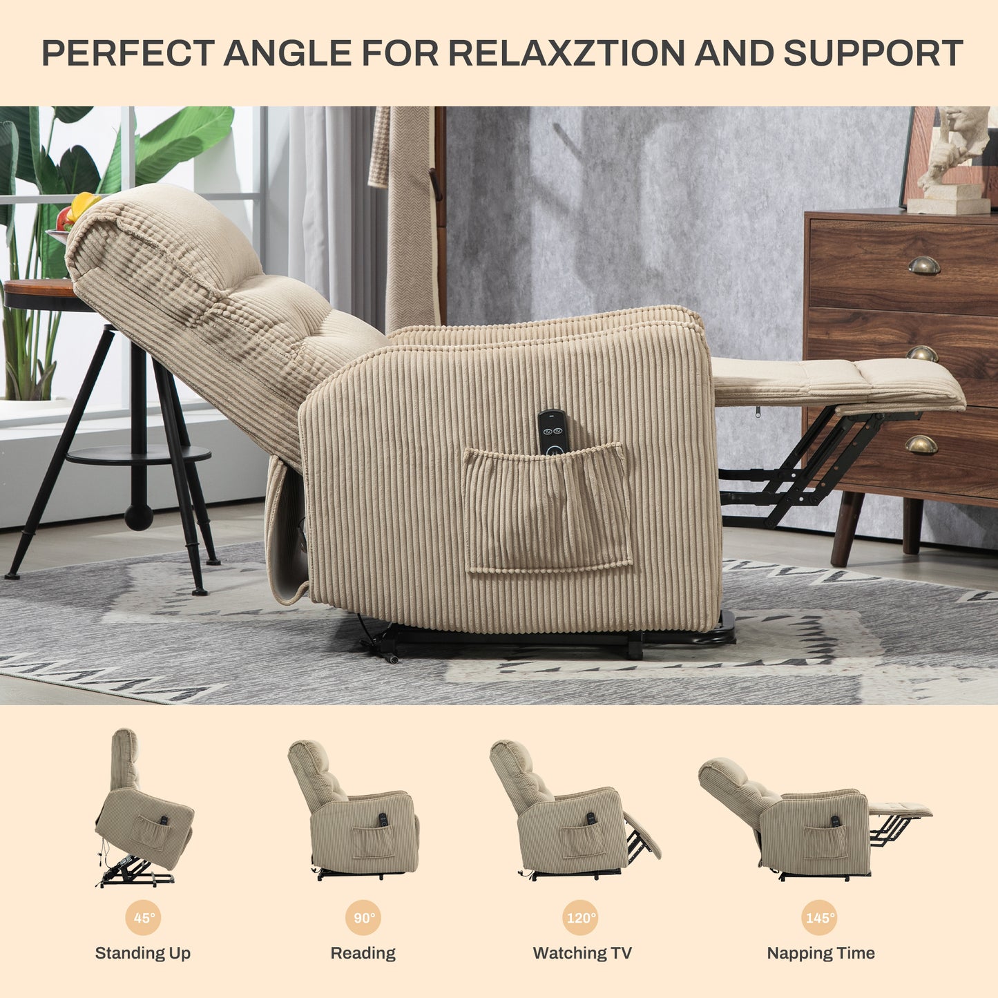 COOLMORE Recliner Chair, Electric Recliner Chairs for Adults, Side Pocket Power Reclining Chair Pocket Springs Seat Cushion, Corduroy Fabric Recliner Sofa for Living Room, Bedroom, Home Theater(Camel)