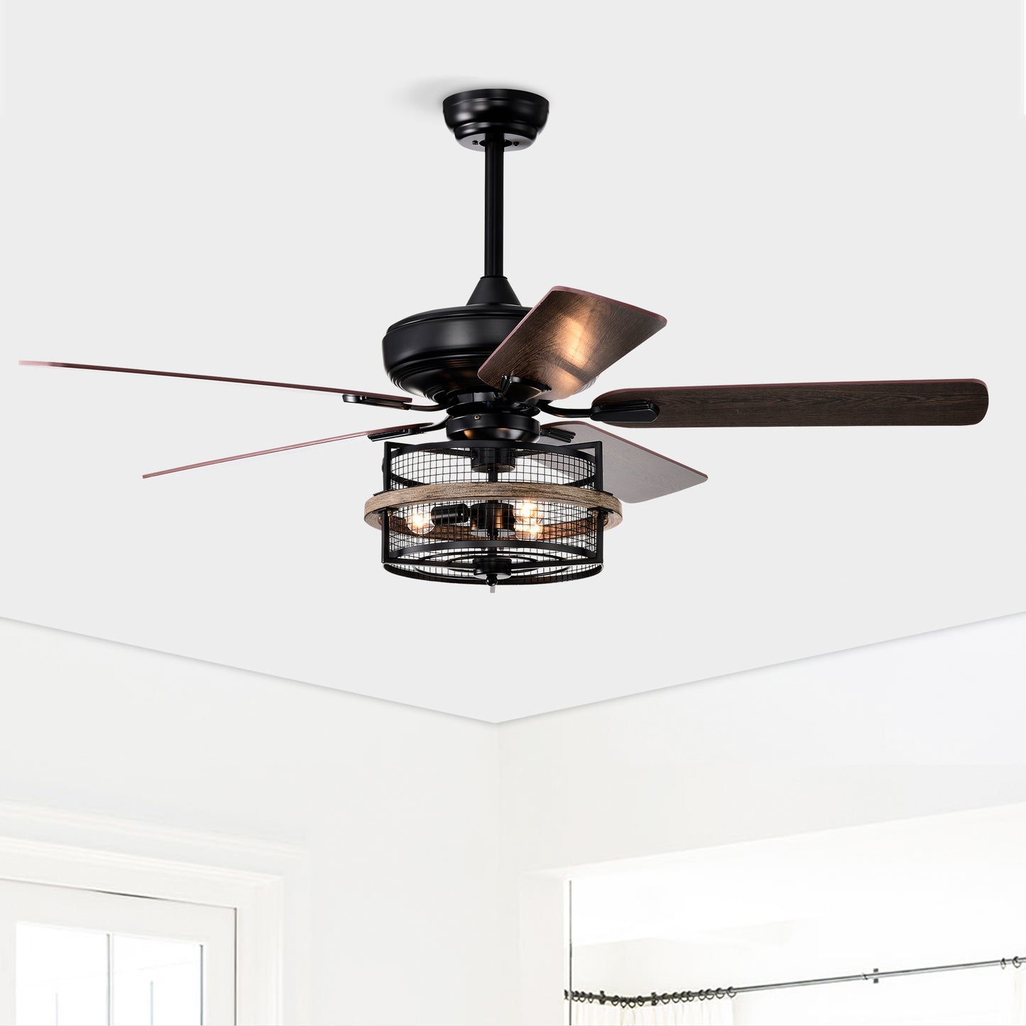 52 Inch Farmhouse Ceiling Fan with  Remote,3-Lights Ceiling Fan with  Light Fixture (No include Bulbs), Ceiling Fan for Patio,Living room,Bedroom --Black Matte+Wood Grain