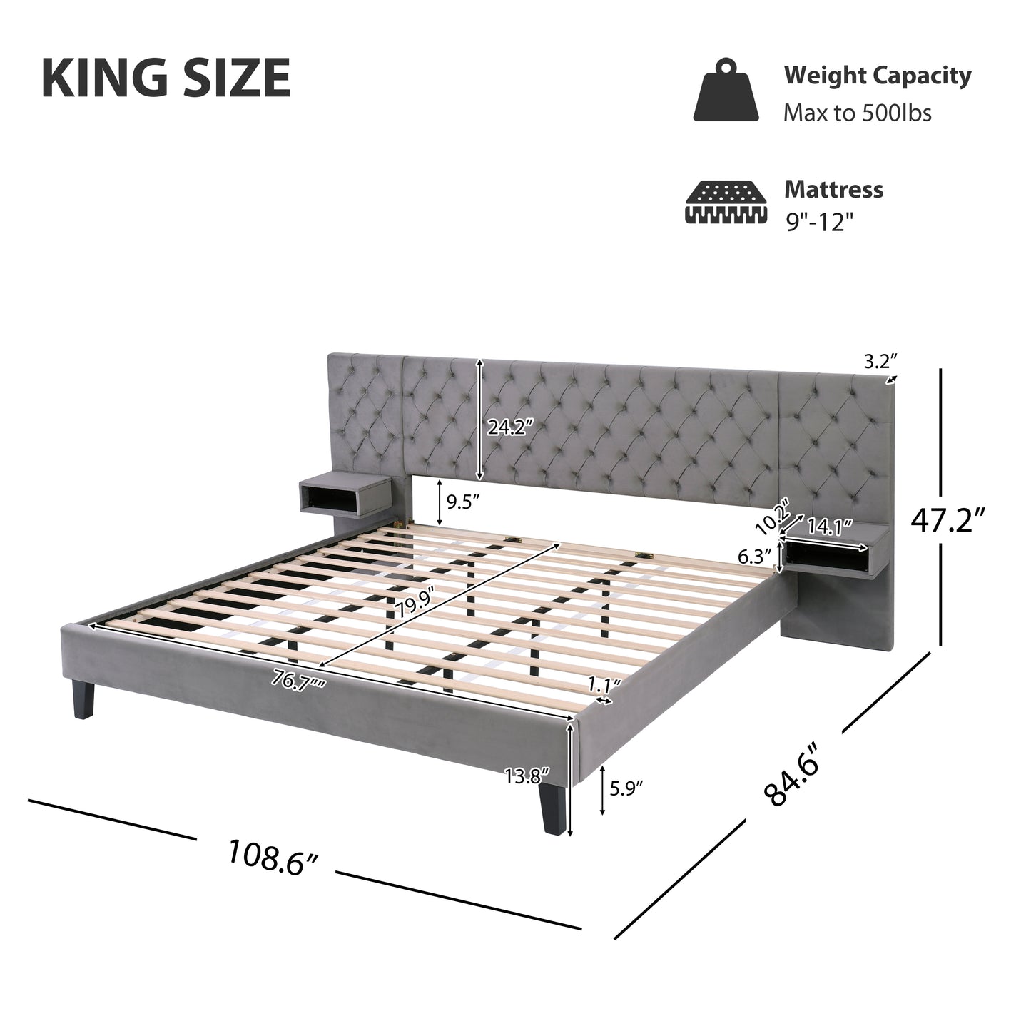 King Size Platform Bed with Headboard, Modern Velvet Upholstered Platform Bed with 2 Nightstands, with diamond tufted, Grey