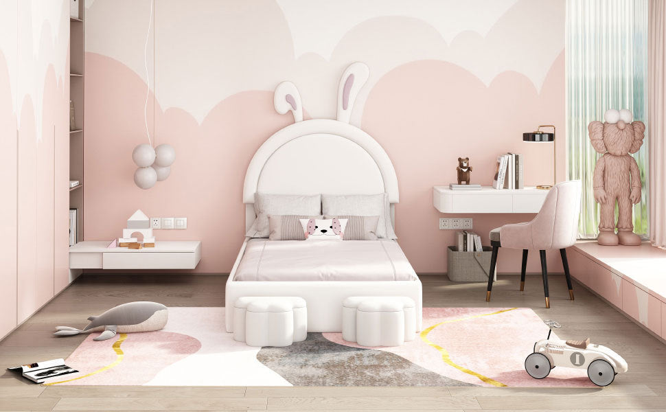 Twin size Upholstered Rabbit-Shape Bed with 2 Storage Stools, Velvet Platform Bed with Cartoon Ears Shaped Headboard, White