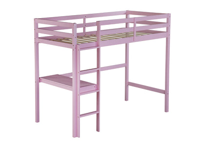 Twin High Loft Bed, Rubber Wood  Loft Bed with Safety Guardrail, built-in desk, ladder,Pink