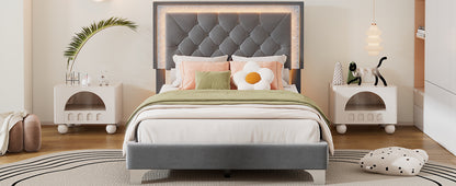 Twin Size Upholstered Bed Frame with LED Lights,Modern Velvet Platform Bed with Tufted Headboard,Grey