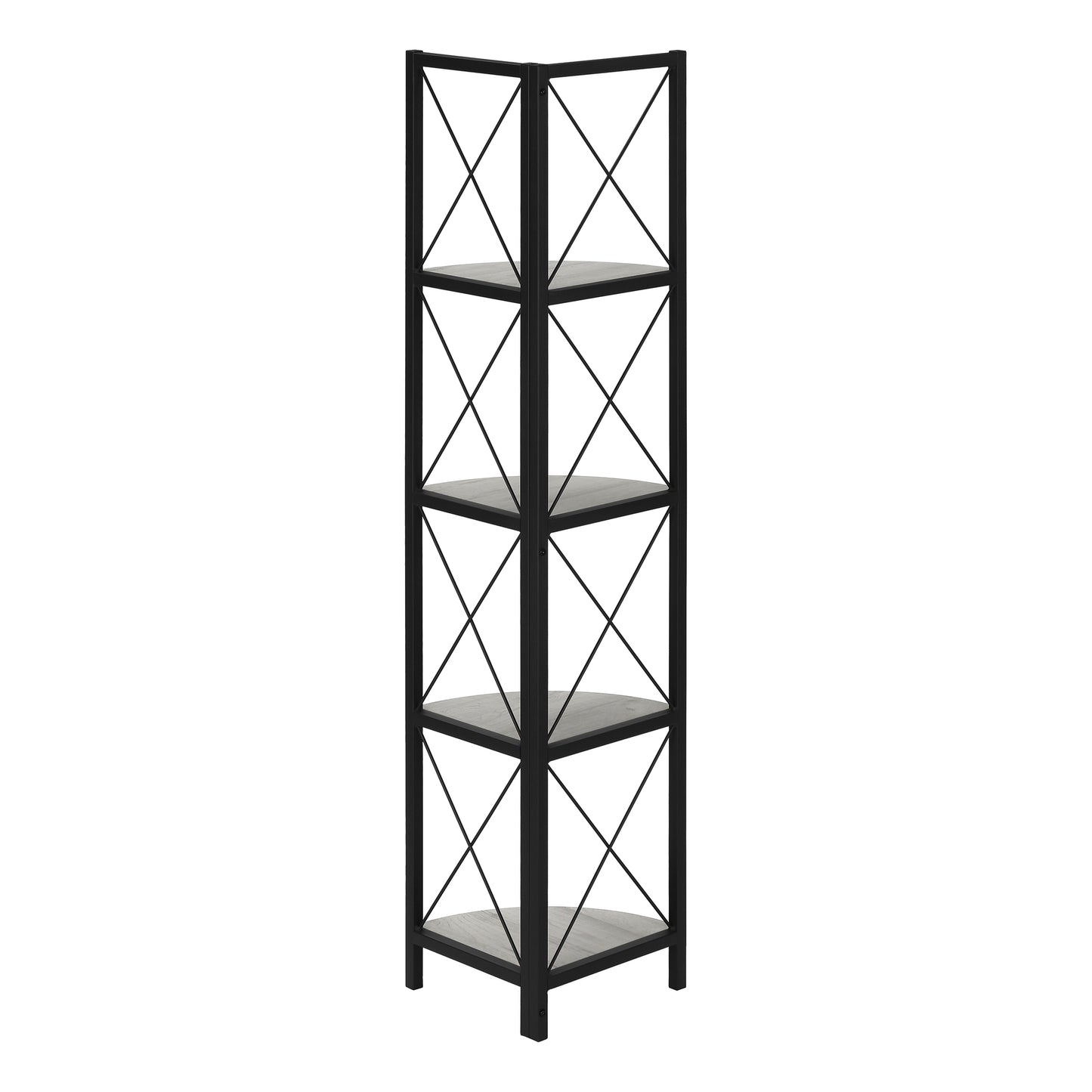 Bookshelf, Bookcase, Etagere, Corner, 4 Tier, 60"h, Office, Bedroom, Grey Laminate, Black Metal, Contemporary, Modern