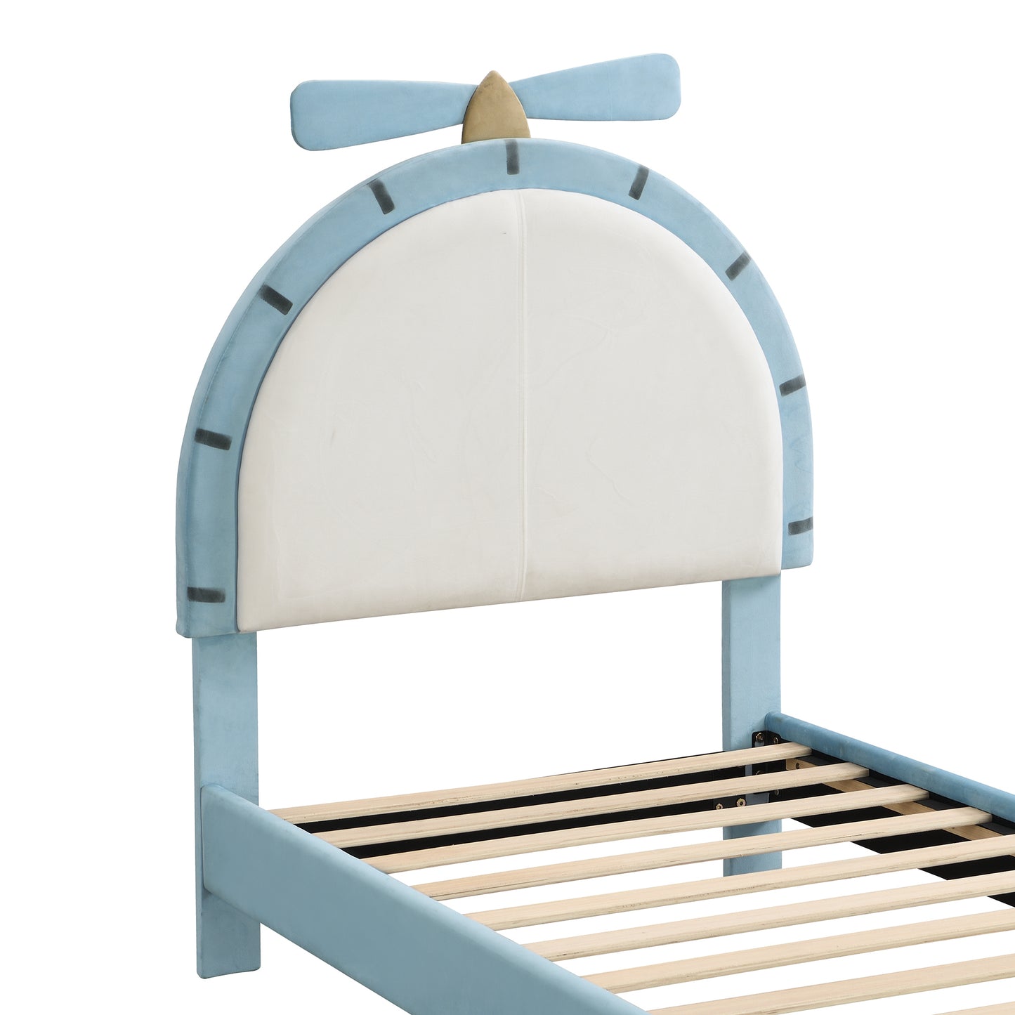 Twin Size Upholstered Platform Bed with Alarm Clock Shaped Headboard, Blue