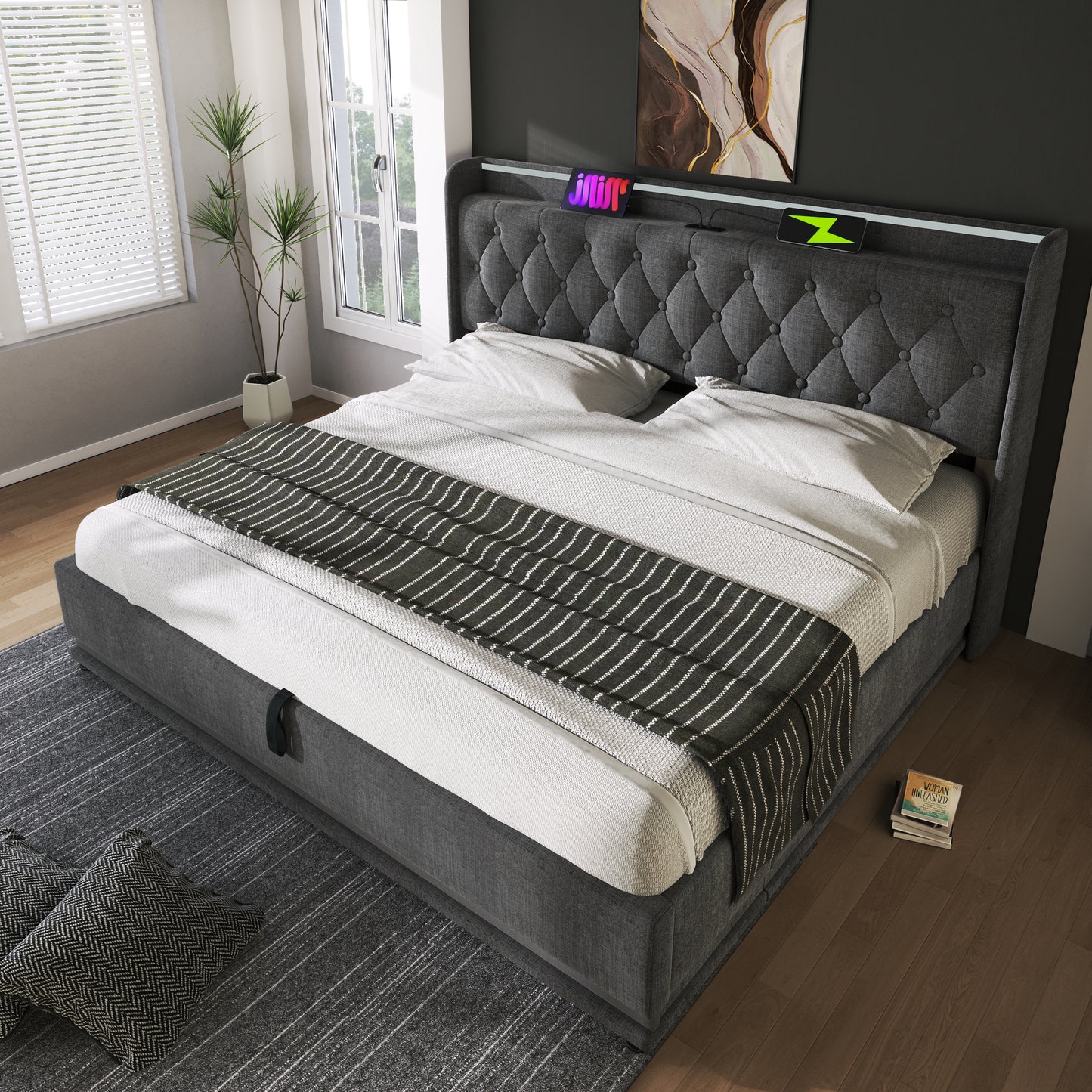 King size Upholstered bed, 360 surround LED function, Buttons/Apps/Remote Control, hydraulic storage bed with USB Type-C charging, Gray,Linen (Without mattress)