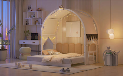 Twin Size Extended Bed With Arched Roof and Trundle, White