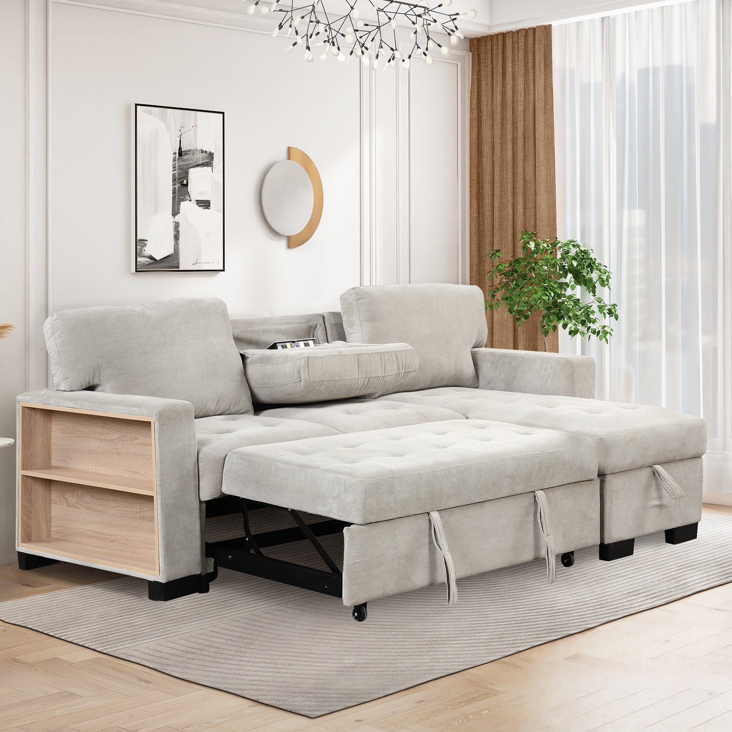 Stylish and Functional Light Chaise Lounge Sectional with Storage Rack Pull-out Bed Drop Down Table  and USB Charger Light Gray