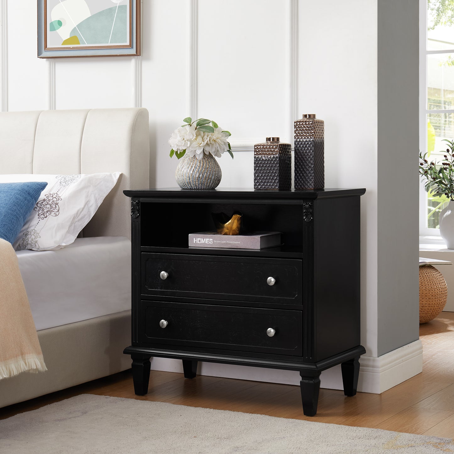 Open Space and 2 Drawers Dresser Nightstand with Charging Station, Farmhouse End Table with USB Ports and Outlets, Fluted Pilasters Design Side Table with Solid Wood Legs for Bedroom