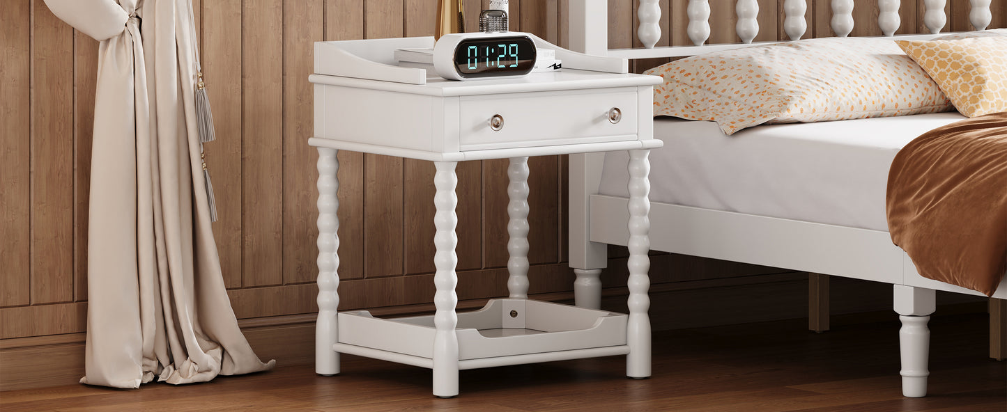 Retro Style Nightstand with Drawer and Open Shelf for Bedroom, Bedside Table with Turned Legs and Metal Handle,White