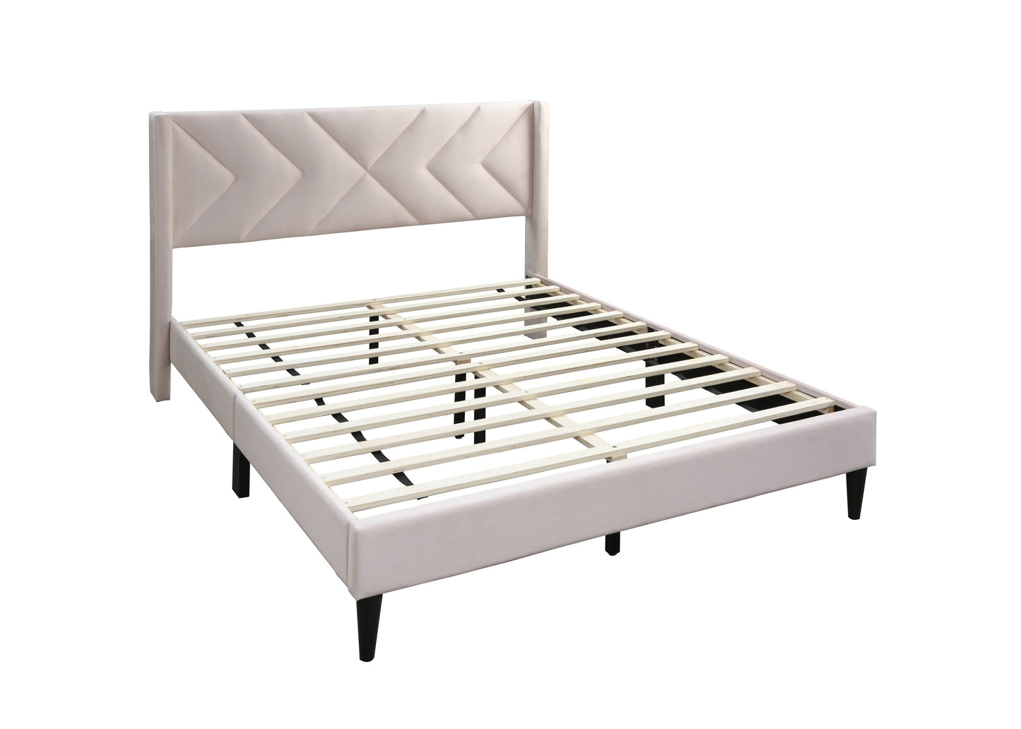 Elegant Modern Light Pink Velvet Upholstered Queen Size Bed Clean Lines Design Headboard 1pc Bedframe