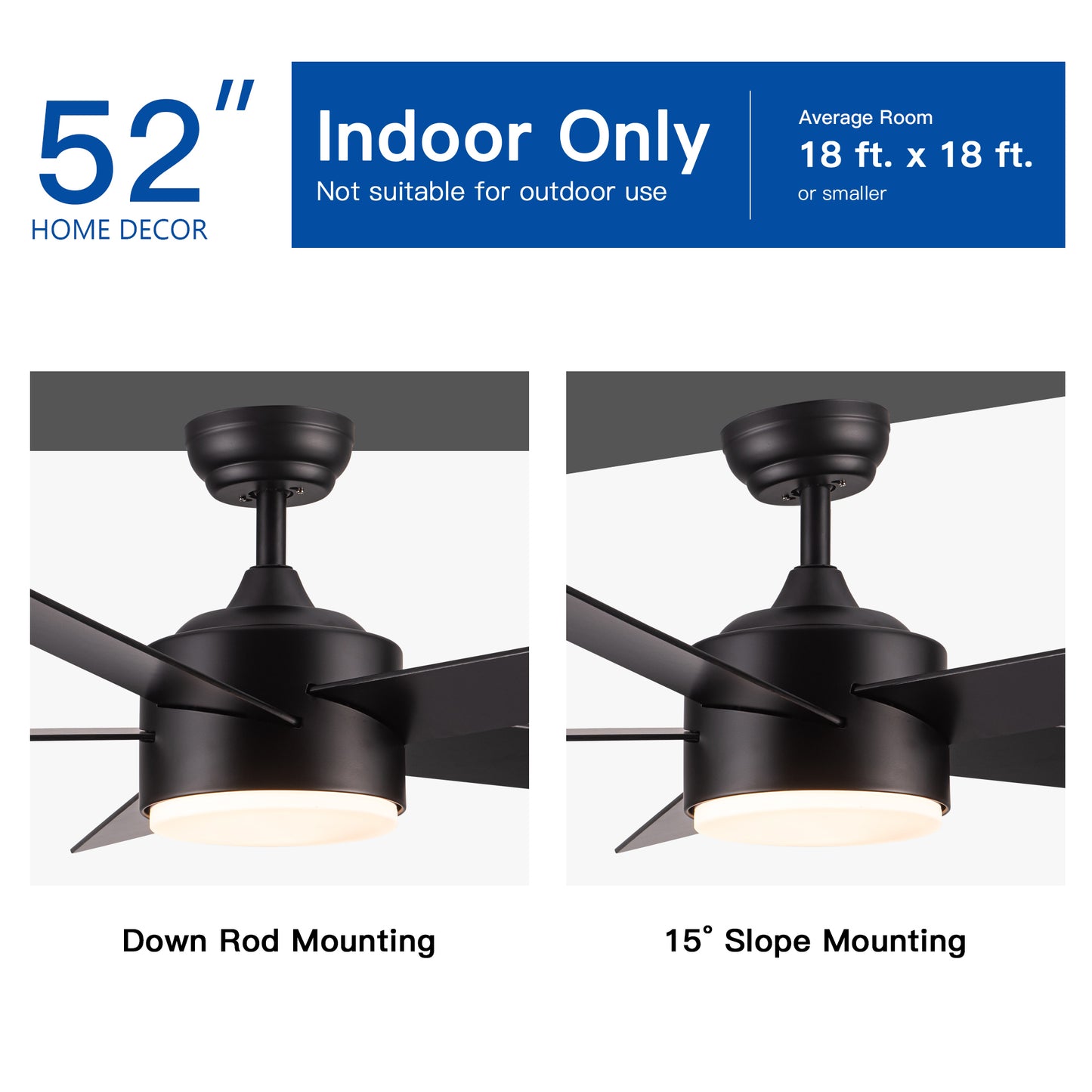 52 inch indoor 5 plywood black ceiling fan with light