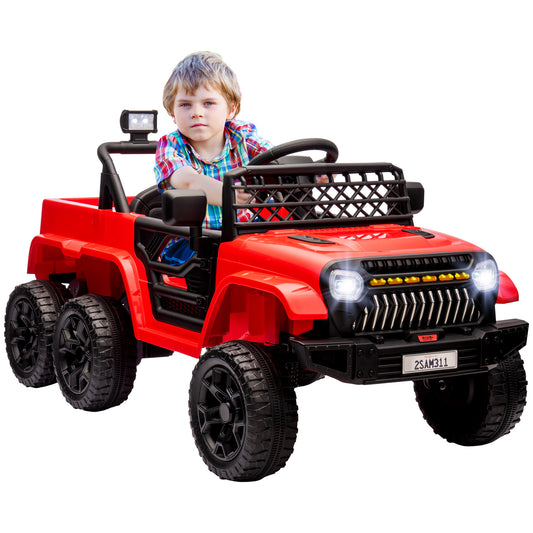 Qaba 12V 4x4 Kids Ride on Truck with Back Trailer,  2WD/4WD Switchable Kids Electric Car with Parent Remote Control, Spring Suspension System, Soft Start, Music, LED Light, Horn, Red