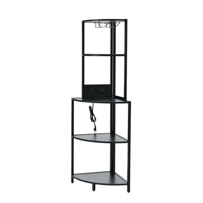 5 Tier Corner Shelf with LED Light and USB Plug, With Glass Holder, Tall Standing Shelf for Wall Corner, Narrow Bookshelf