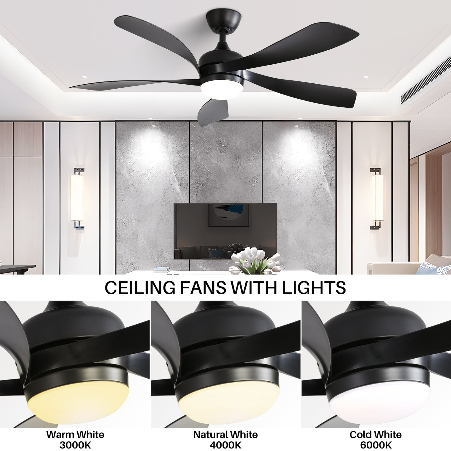 52 Inch Modern Ceiling Fan With 3 Color Dimmable 5 ABS Blades Remote Control Reversible DC Motor With Led Light