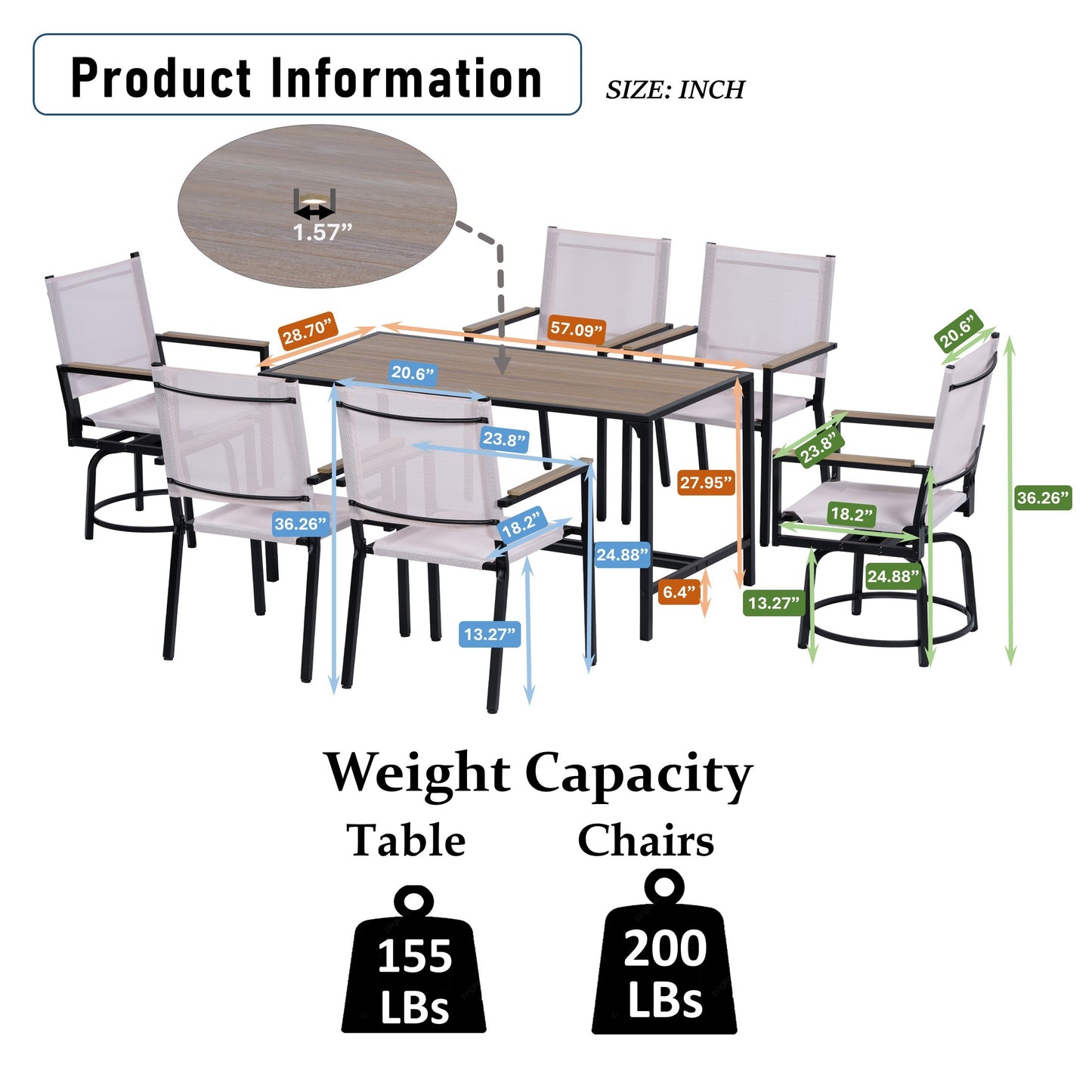 7 Piece Outdoor Patio Set/ Weather Resistance/ Wood Plastic Component/ WPC/ Swivel Chairs/ Al Fresco Dining Set/ Outdoor Dining Set/ Dining Table Set/ Bistro Table