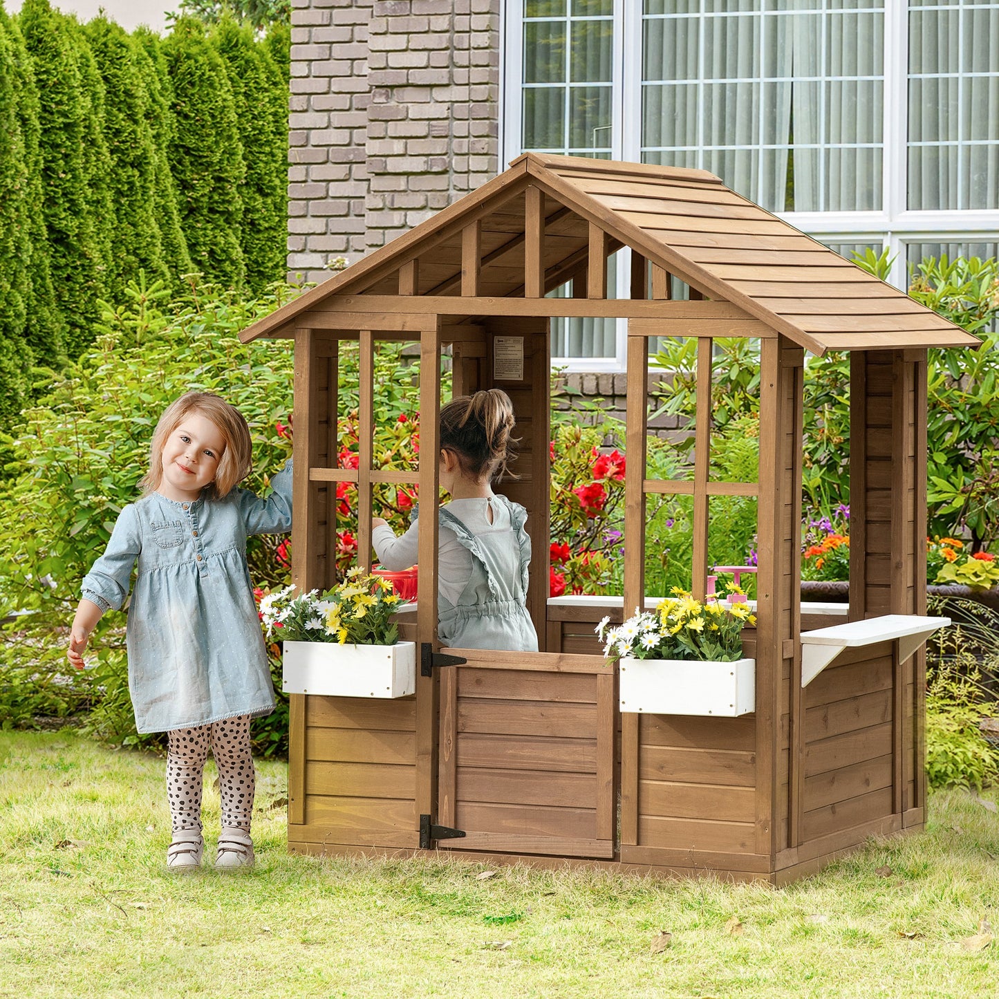 Outsunny Kids Wooden Playhouse, Outdoor Garden Games Cottage, with Working Door, Windows, Flowers Pot Holder, 47" x 38" x 54"