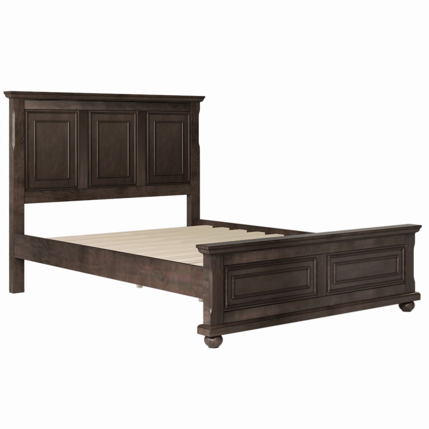 Traditional Town and Country Style Pinewood Vintage Queen Bed, Rich Brown